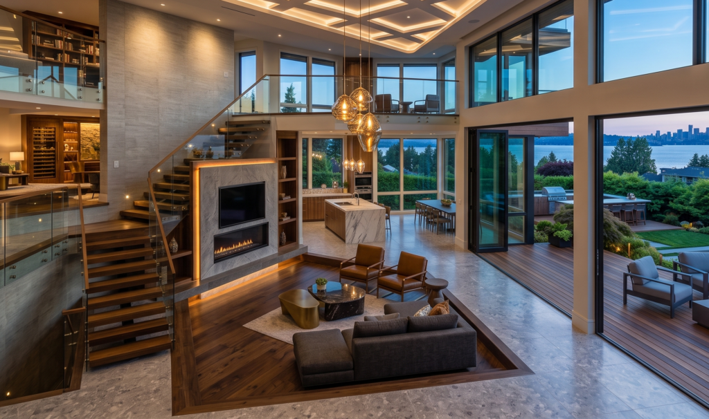 Premium custom interior remodeling project showcasing an open concept luxury living room design.