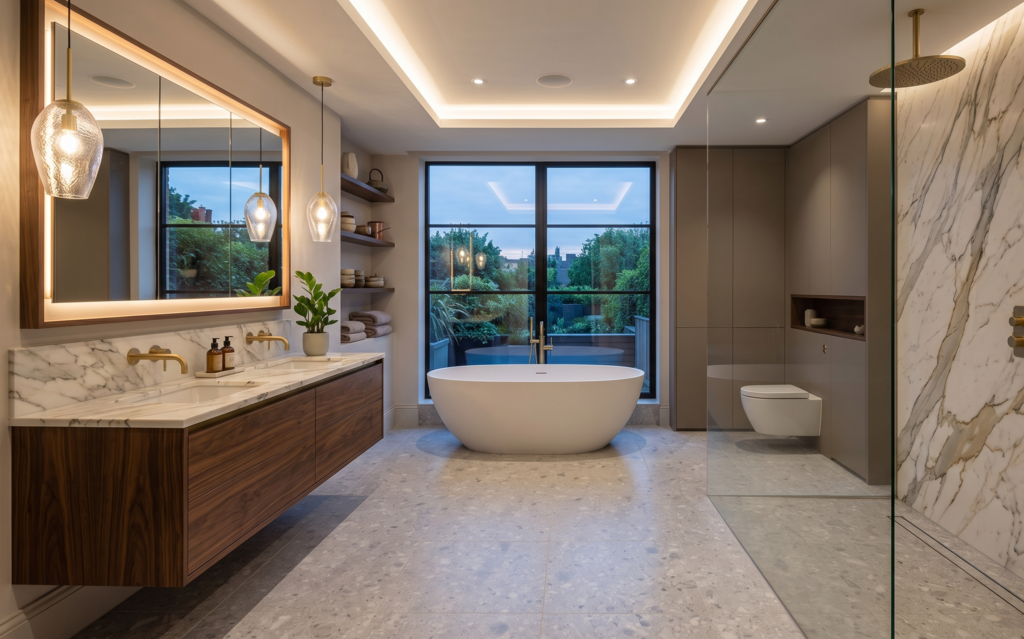 Luxury custom bathroom remodeling featuring a large freestanding bathtub and minimalist walk-in shower.