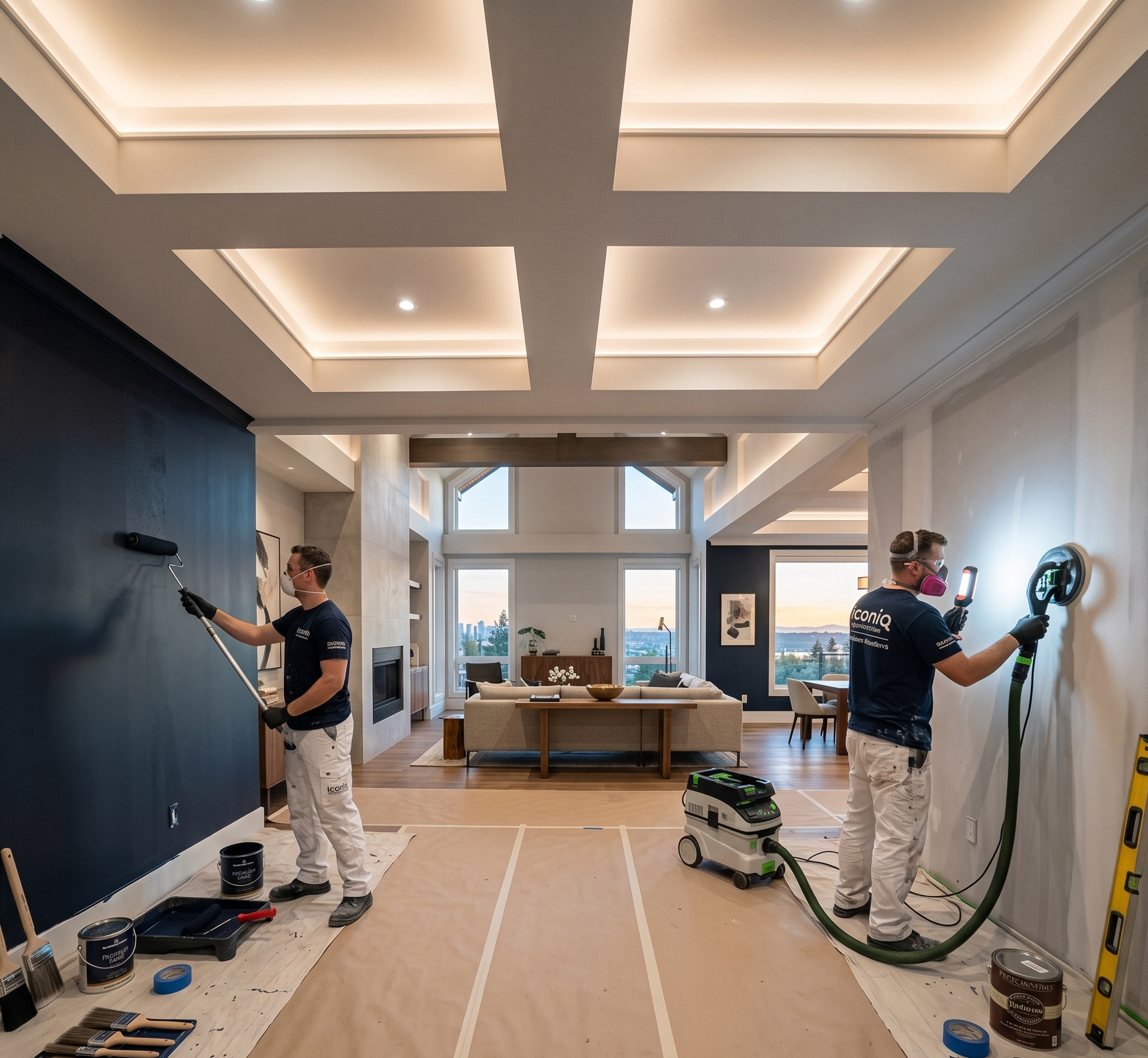 Master painting technician checking surface smoothness under specialized high angle inspection lighting.
