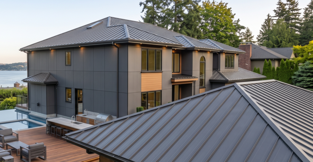 Premium custom roofing services featuring lifetime architectural shingles on a pristine residential home.