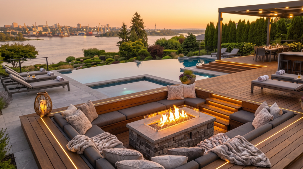 Premium custom deck and patio designs featuring engineered Ipe decking and integrated lake view patios.