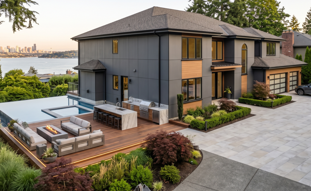Premium custom exterior remodeling displaying architectural fiber cement siding and clean window trims.