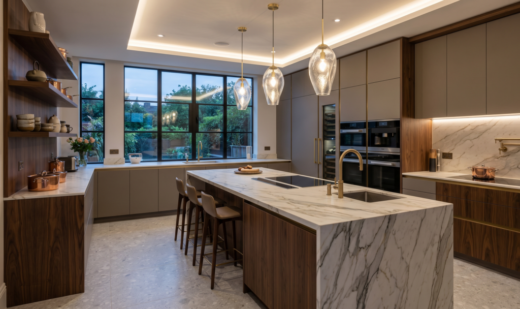 Luxury custom kitchen remodeling featuring a large quartz island and custom level plywood cabinets.