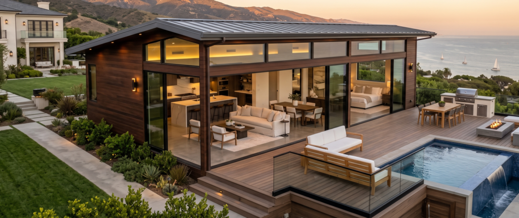 Premium custom accessory dwelling units services showcasing a modern detached backyard cottage with high architectural windows.