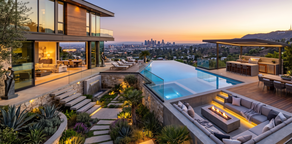 Premium custom backyard design build services displaying a multi-tiered modern concrete patio with an integrated fire pit.