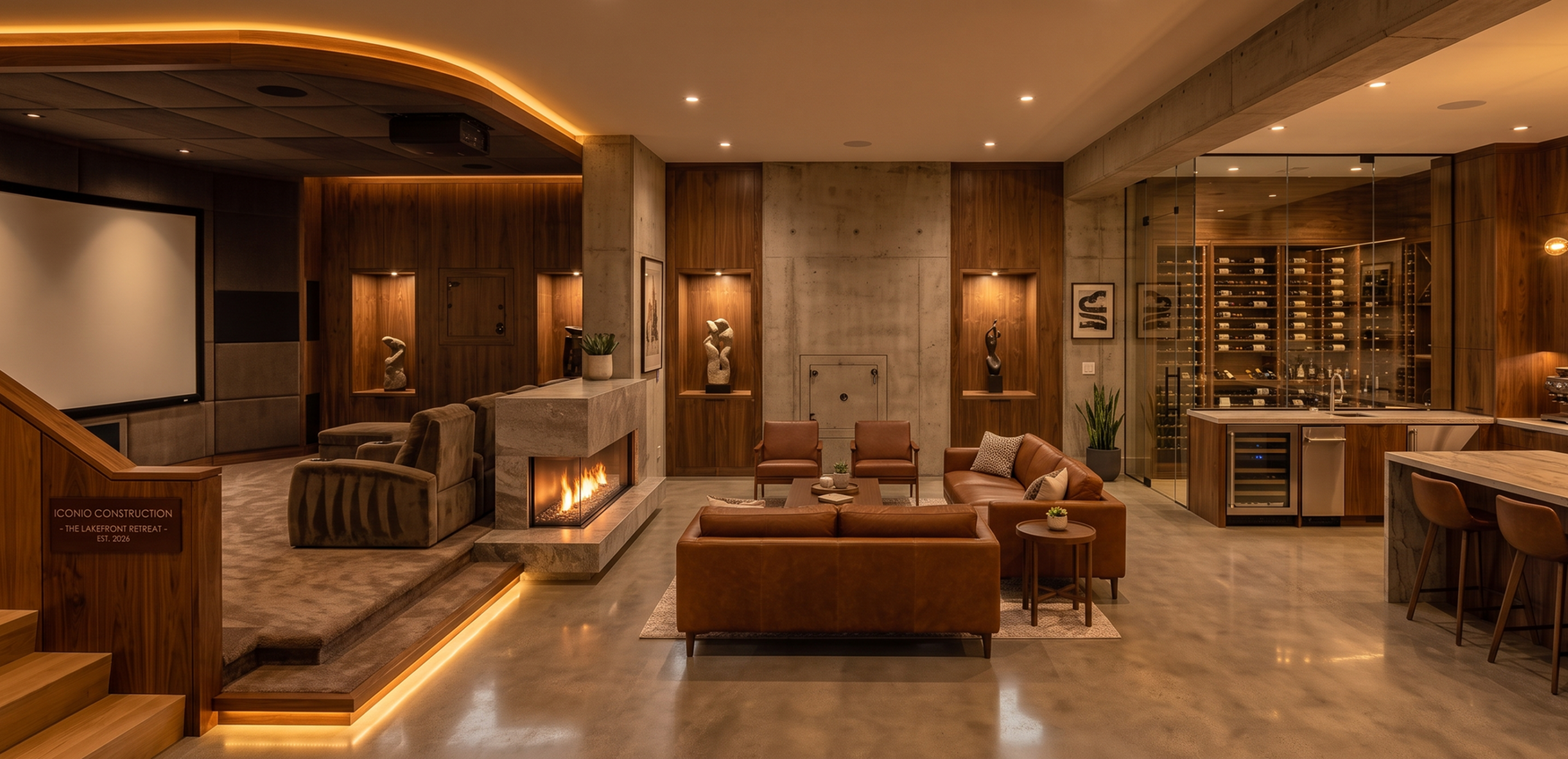 Premium custom basement remodeling services featuring a modern luxury lower level with integrated egress windows and linear LED lighting.