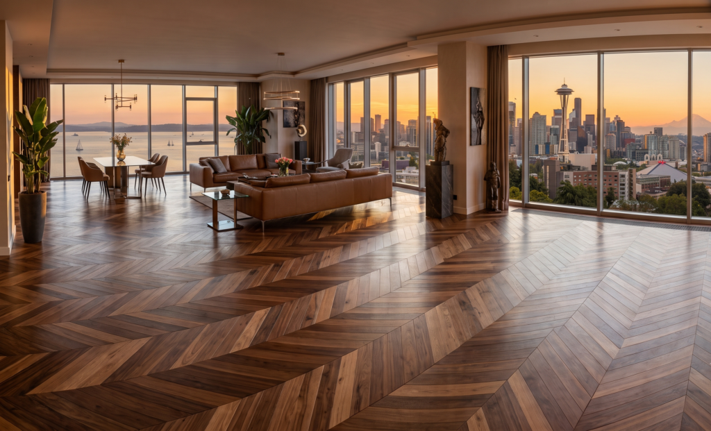 Premium flooring service displaying a master carpenter laying a luxury French herringbone wood floor.