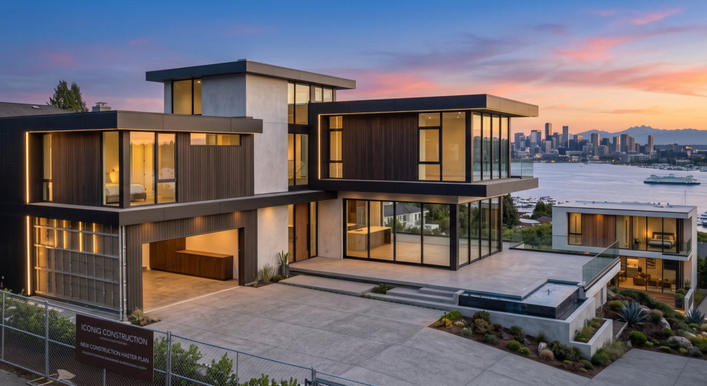 Premium custom home construction services featuring a modern high-performance residence with triple-pane glazing and architectural steel.