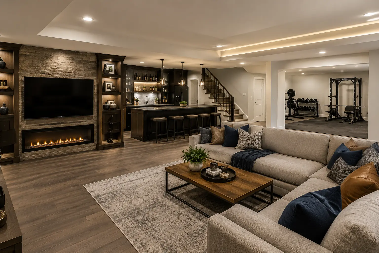 Flawless custom basement construction displaying a high performance dimpled vapor membrane and subfloor track installation.