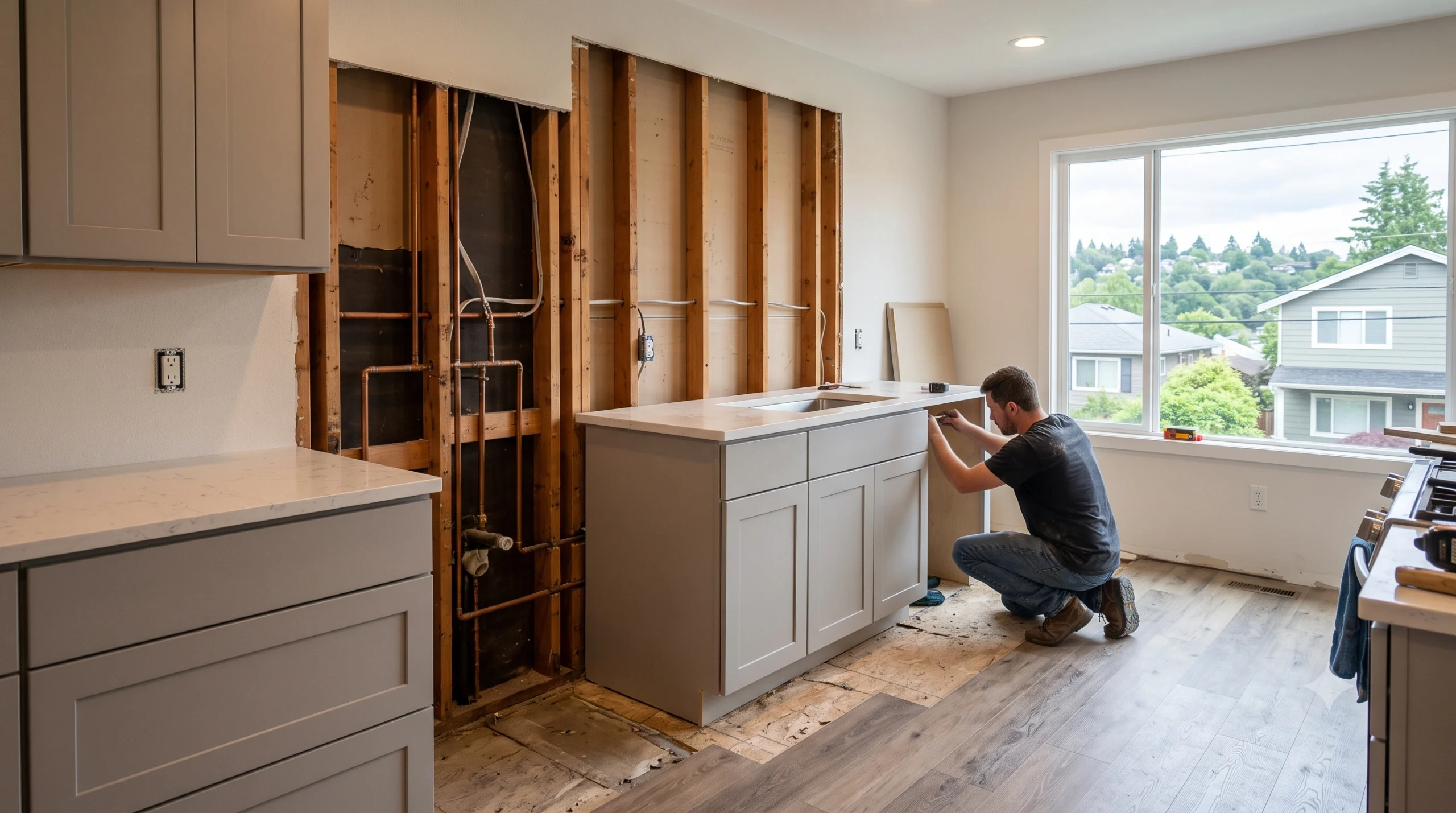 Contractor kneeling to install grey base cabinets in a kitchen under renovation, a key step in Seattle home remodeling projects.
